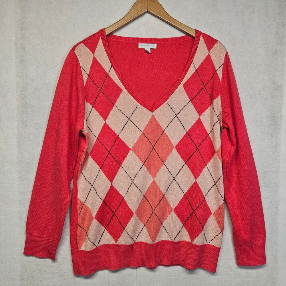New York & Company Womens L Coral Pink Argyle Knit V-Neck Pullover Sweater
